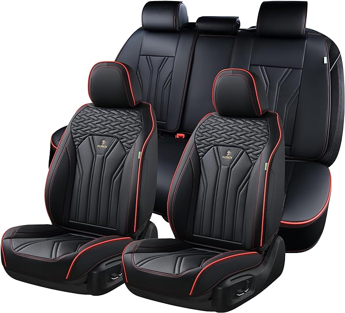 FLORICH Leather Seat Covers, Seat Covers Full Set, Car Seat Protectors 5 Seats, Automotive Seat Covers Fit for Most Cars Trucks SUV-Black&Red Line