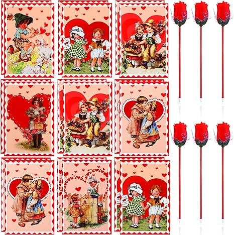 120 Pcs Valentine's Day Notebook and Rose Flower Ballpoint Pen Set Gifts for Kids Valentine Red Flower Pen Vintage Small Notepads Valentines Day Party Favors Classroom Exchange Gifts Reward