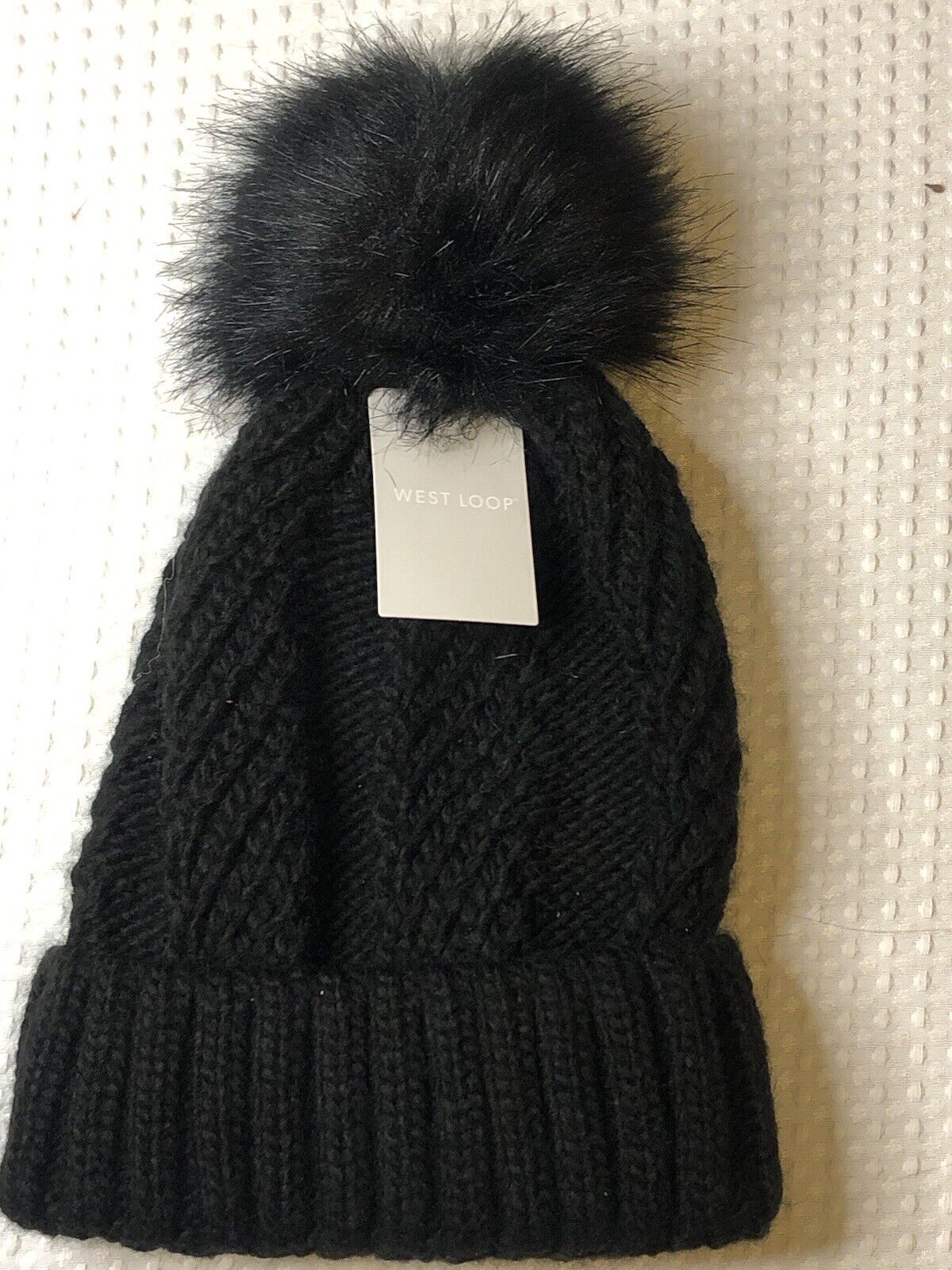 West Loop -NUEVO Gorro con pompón para mujer - con pompón de piel sintética tejido negro - Invierno cálido 