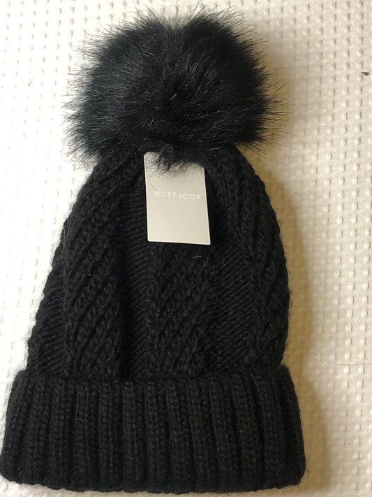 West Loop -NEW Pom Hat Women's - with Faux Fur Pom Pom Knit Black - Warm Winter