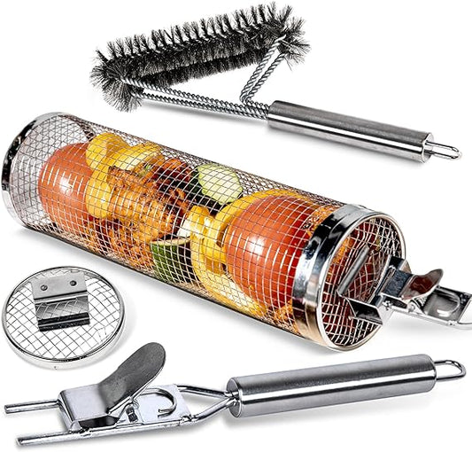 BRISKO Rolling Grilling Basket and Grill Brush Set