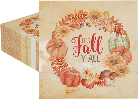 100 Pc, 3 Ply Autumn Wreath It's Fall Y'all Paper Napkins