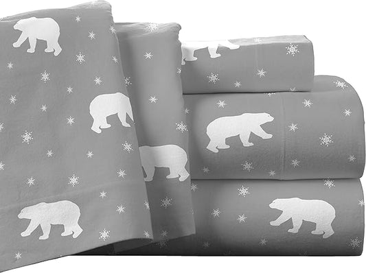 Twin Flannel Deep Pocket Set with Oversized Flat Sheet, Polar Bear