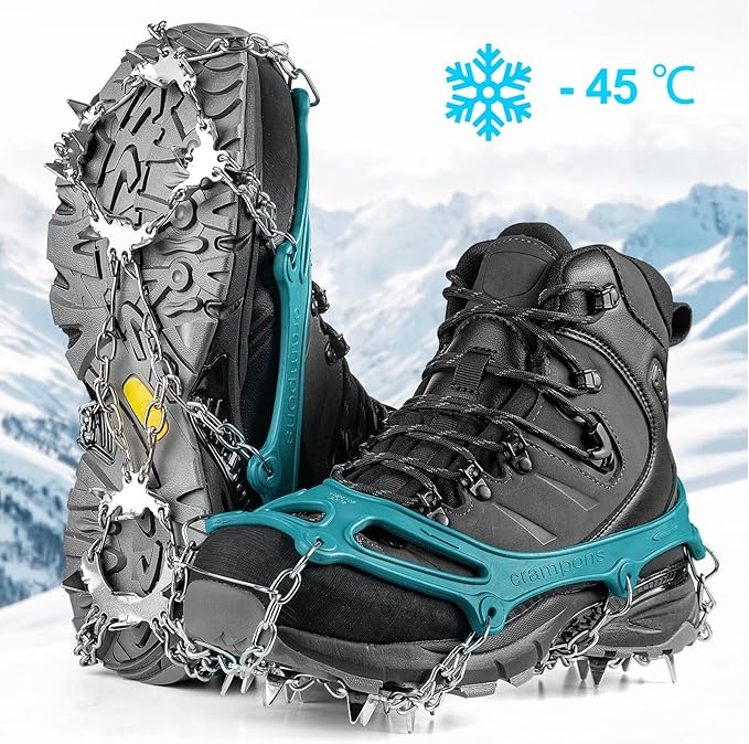 Med. Crampons Ice Cleats Traction Snow Grips for Boots Shoes Women Men Anti Slip 19 Stainless Steel Spikes Safe Protect for Hiking Fishing Walking Climbing Mountaineering