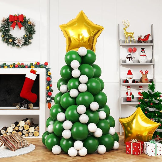 102 piezas de globos de árbol de Navidad verde y blanco con estrella dorada 