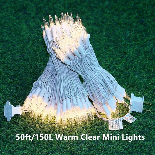 150 Warm Clear Christmas Lights, Commercial Grade White Wire String Lights 50'