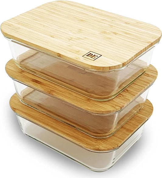 Glass Food Storage Containers with Bamboo Lids (3 Pack, 51 Ounce) Eco Friendly Meal Prep Containers Reusable – Airtight, Plastic Free, BPA Free