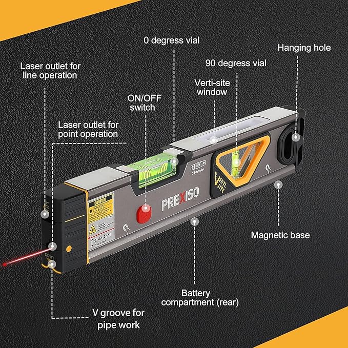 PREXISO 2-in-1 Laser Level 12 in Spirit Level with Light, 100Ft Alignment Point & 30Ft Leveling Line, Magnetic Laser Leveler Tool for Construction Picture Hanging Wall Writing Painting Home Renovation