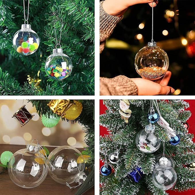 DIY Clear Plastic Fillable Balls Ornament,Removable Top Clear Hanging Ball ,2.36Inch Christmas Ornaments Balls for Halloween, Christmas , Birthday, Wedding ,Party,XmasDecorm,DIY Crafts(60mm)