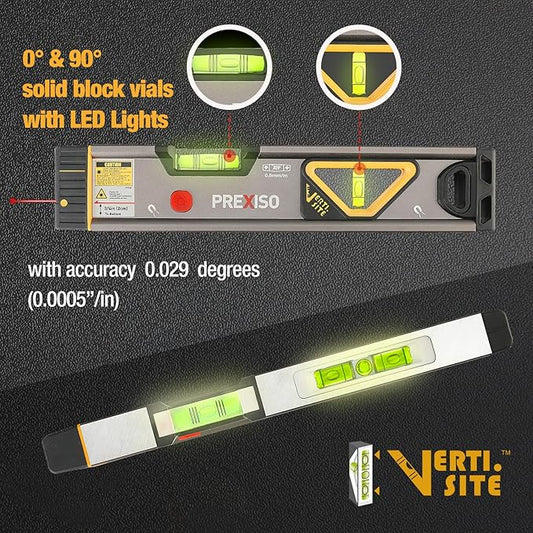 PREXISO 2-in-1 Laser Level 12 in Spirit Level with Light, 100Ft Alignment Point & 30Ft Leveling Line, Magnetic Laser Leveler Tool for Construction Picture Hanging Wall Writing Painting Home Renovation