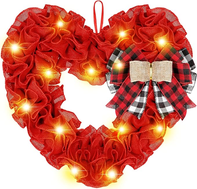 LED Wreath 15.7" Burlap Heart Shaped Door Wreath