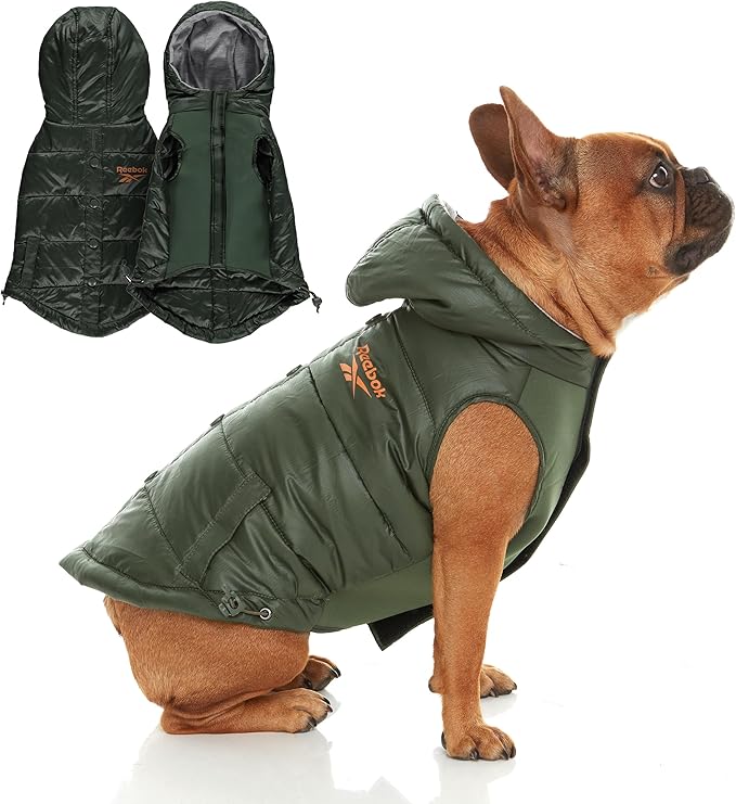 Reebok Dog Puffer Jacket - Waterproof Dog Vest with Hoodie, Dog Winter Clothes for Small, Medium, and Large Dogs, Premium Windproof Dog Snow Jacket Perfect for Cold Weather,