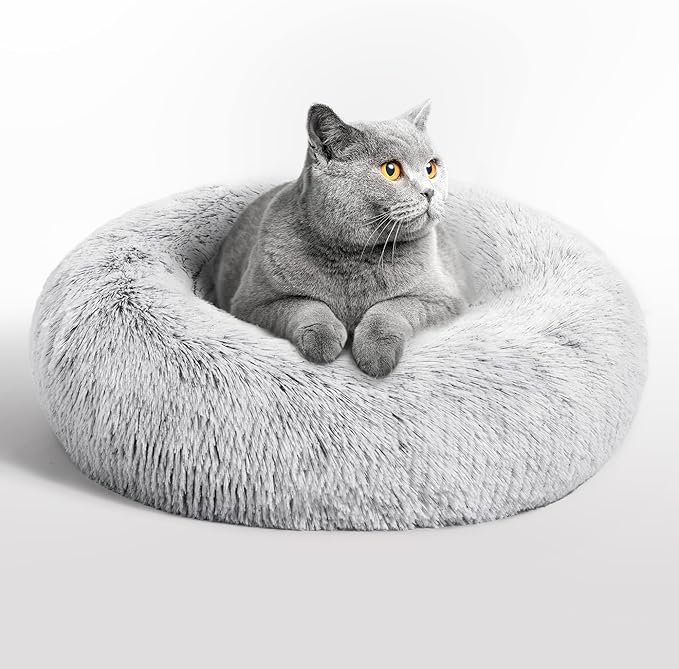 Love's cabin 20in Cat Beds for Indoor Cats - Cat Bed with Machine Washable, Waterproof Bottom - Grey Fluffy Dog and Cat Calming Cushion Bed for Joint-Relief and Sleep Improvement