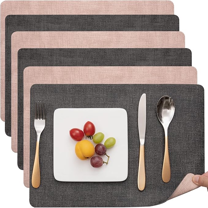 Myir JUN Placemats Dual Sided, Faux Leather Place Mats Set of 6 Indoor Placemats for Dining Table Outdoor Placemats Manteles Individuales Square Non-Slip Washable Table Mats (Gray Pink, Set of 6)