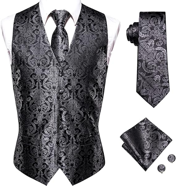 Hi-Tie - Juego de gemelos cuadrados para hombre, 4 piezas, chaleco, corbata, bolsillo, 2XL