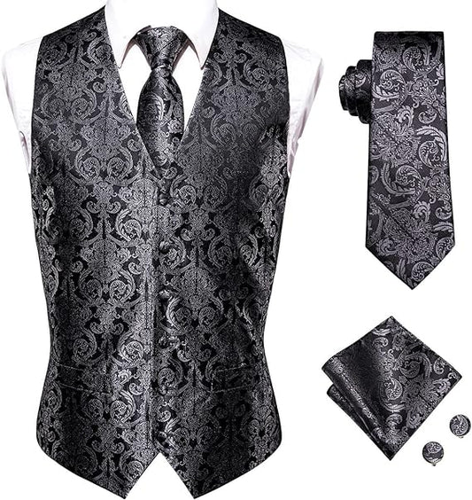 Hi-Tie - Juego de gemelos cuadrados para hombre, 4 piezas, chaleco, corbata, bolsillo, 2XL