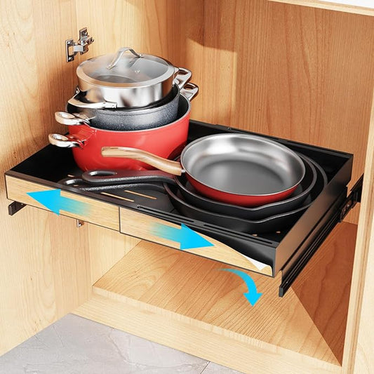 Pull Out Cabinet Organizer - Expandable Fit 14 to 23 inch Wide Base Cabinets Side Mount Pots and Pans Organizer Under Cabinet Easily Slide Out to Get Items Double Storage Space, Black