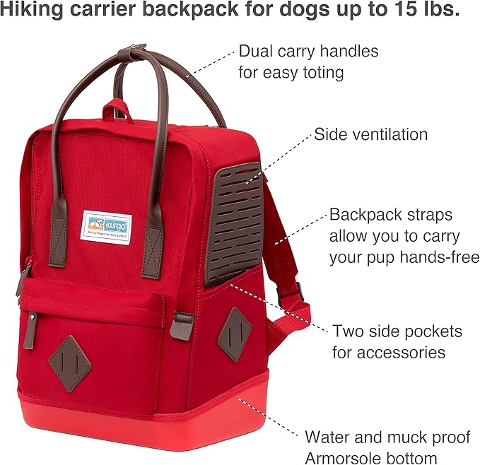 Kurgo Nomad Dog Carrier Backpack, Hiking Backpack for Small Dogs, Pet Travel Back Pack Carrier, Interior Safety Tether, Waterproof Bottom, Dual Carry Handles, Holds Pets Up to 15 lbs, Blue and Red