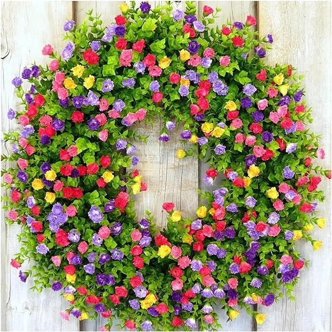 2 Pcs Spring Summer Wreaths for Front Door with Buffalo Plaid Mat Set 18 Inch Farmhouse Colorful Eucalyptus Wreath Spring Door Decor for All Season Indoor Outdoor Wedding Holiday