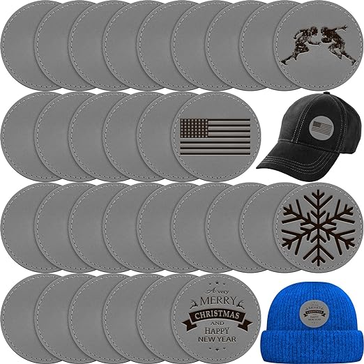 30 Pcs Blank Leather Hat Patches with Adhesive Round Laserable Leatherette