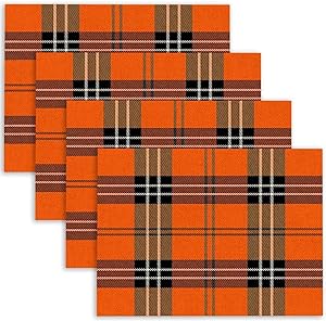 4 Pc Tartan Plaid Black Orange White Scottish Placemats 18x12"