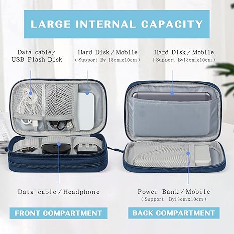 FYY Electronic Organizer, Travel Cable Organizer Bag Pouch Electronic Accessories Carry Case Portable Waterproof Double Layers Storage Bag for Cable, Cord, Charger, Phone, Earphone, Medium Size, Navy