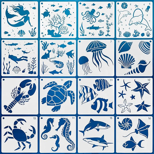 16 Pack (6x6Inch) Reusable Ocean Creatures Stencil Sea Animal Painting Stencils Laser Cut Painting Template for Floor Wall Tile Fabric Furniture Stencils Painting