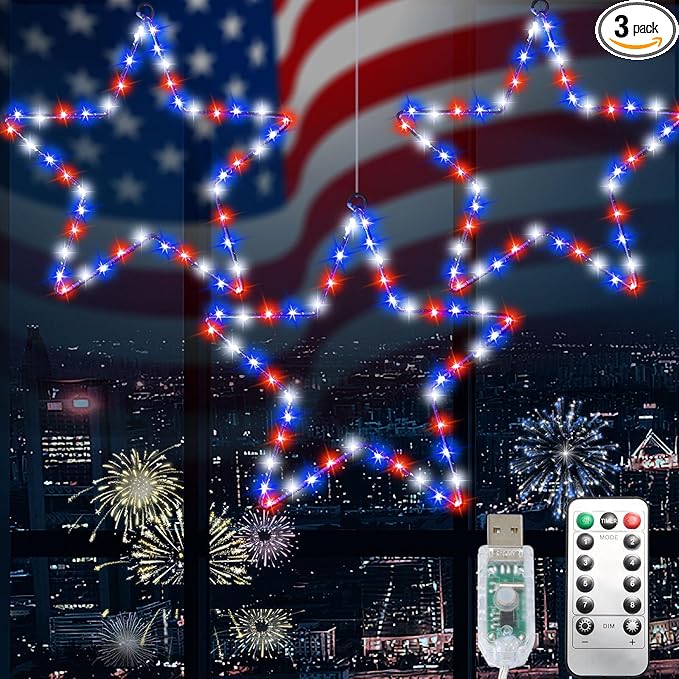 3 Pack Red White and Blue Window Lights USB Powered Metal Framed Hanging Star Lights with Remote for Fourth of July, Independence Labor Memorial Day Patriotic Home Decor