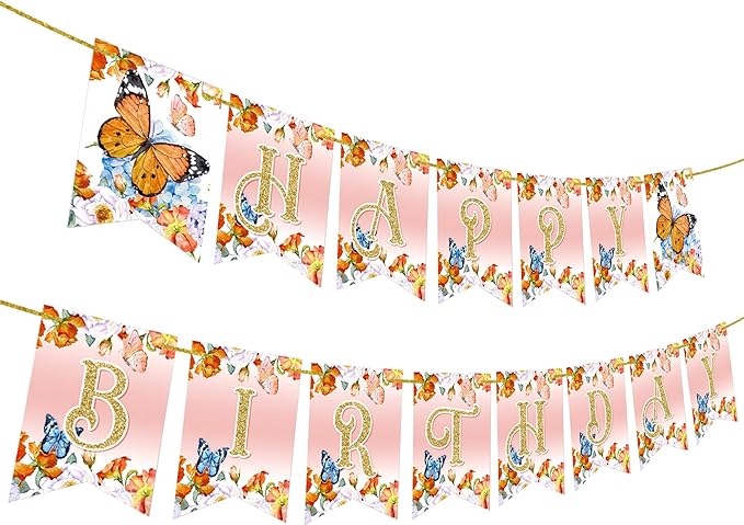 Banner de cumpleaños de mariposa rosa 