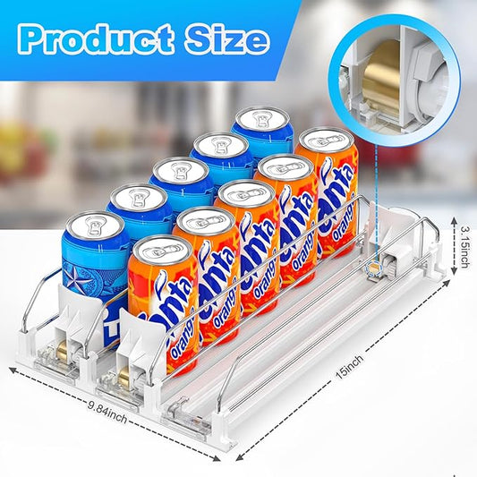 Drink Organizer for Fridge, Upgrade Self Pushing Drink dispenser for Fridge Pusher Glide, Soda Dispenser for Fridge, Fridge drink organizer Adjustable Width, Storage 15 Cans 3 Row White