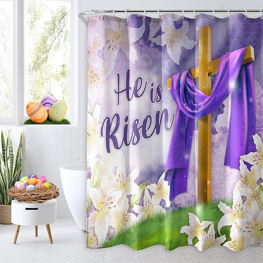 Roszwtit Easter Shower Curtain, He Is Risen Shower Curtains for Bathroom, Spring Easter Floral Home Decor Waterproof Fabric with Hooks 72x72 Inch