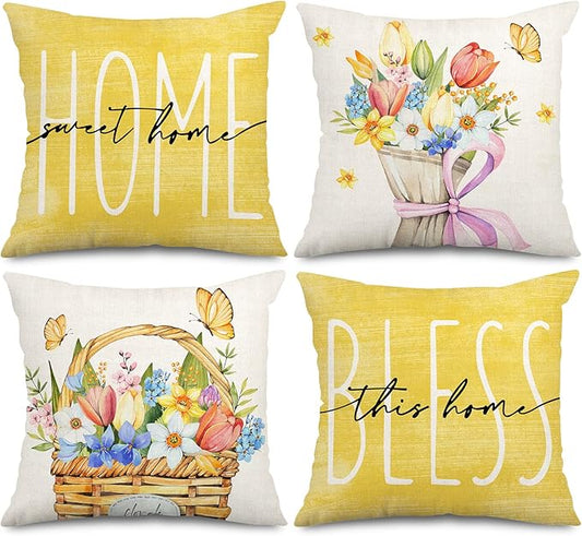 AnyDesign - Funda de almohada con diseño de flores de acuarela de color amarillo veraniego, diseño de tulipán, estilo rústico, para el hogar, la oficina, el sofá, el jardín, 45,7 x 45,7 cm, juego de 4