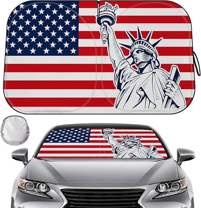 Windshield Sun Shade - American Flag Car Sun Shade Windshield, Foldable UV Ray Reflector Car Shade Front Windshield, Keeps Your Vehicle Cool, for Most Sedans SUV and Trucks - Medium