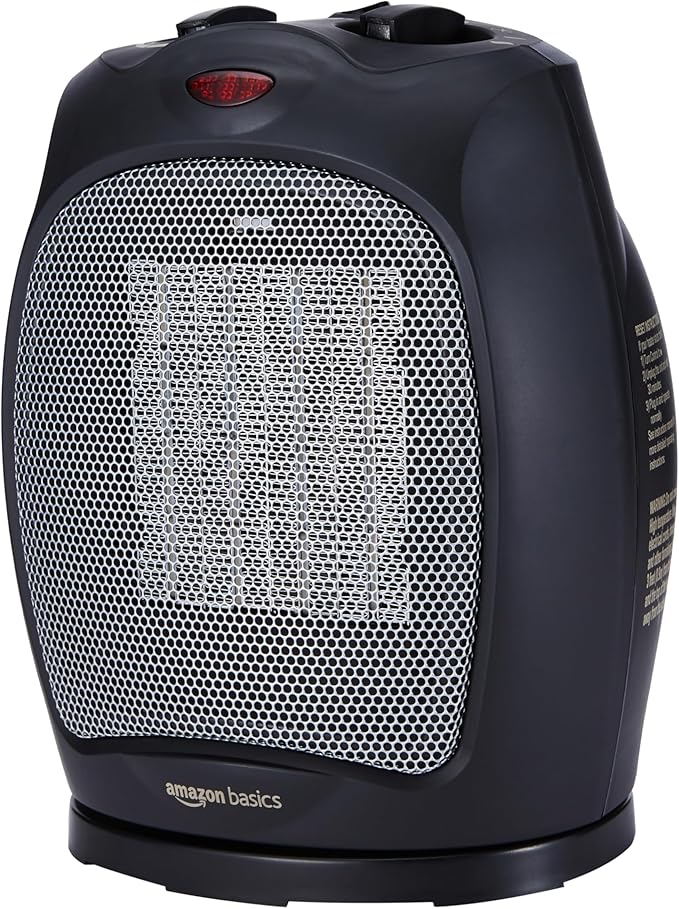 Amazon Basics 1500W Oscillating Ceramic Indoor Space Heater with Adjustable Thermostat, Black, 7.52"D x 6.34"W x 9.45"H