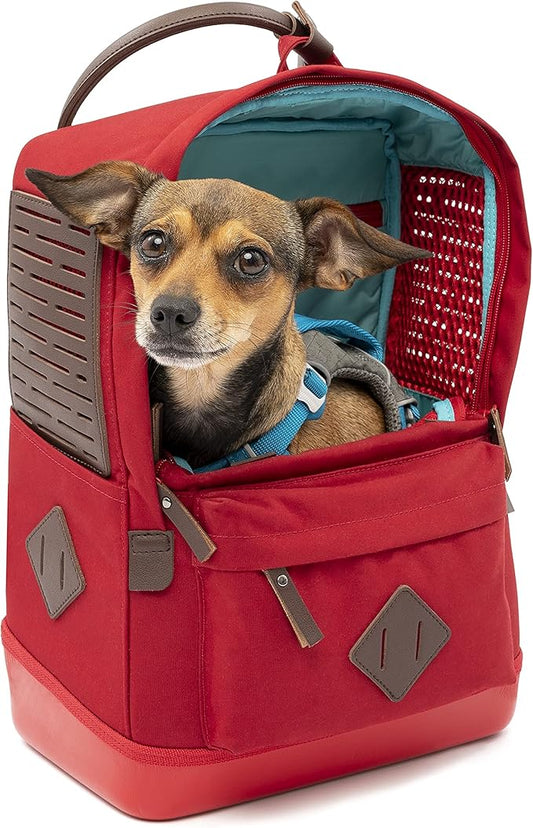 Kurgo Nomad Dog Carrier Backpack, Hiking Backpack for Small Dogs, Pet Travel Back Pack Carrier, Interior Safety Tether, Waterproof Bottom, Dual Carry Handles, Holds Pets Up to 15 lbs, Blue and Red