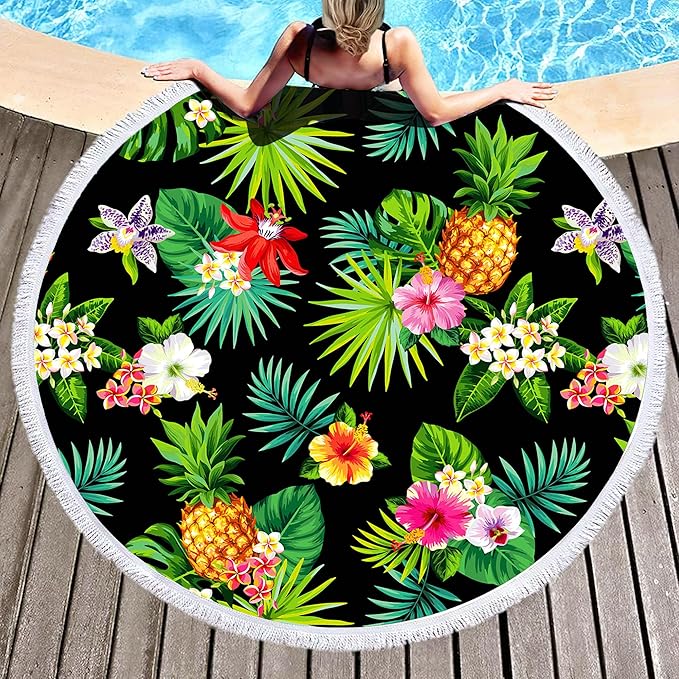 Puraville Round Absorbent Beach Towel Blanket with Tassels,60''X60'' Soft Microfiber Large Sand Free Quick Dry Beach Blanket for Men and Women Travel Swimming,Pool,Black Floral Pineapple