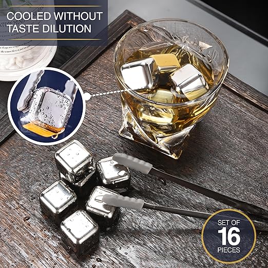 16 Pc Stainless Steel Ice Cubes Reusable - Chill Drinks without Dilution - Silver