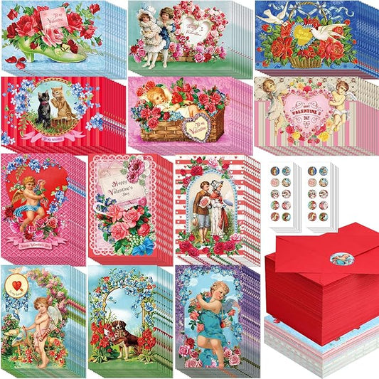 120 Pack Vintage Valentine's Day Cards Old Fashioned Valentines Cards Retro Valentines Day Cards with Envelopes and Seal Stickers for Wedding Anniversary(Rectangle Style)