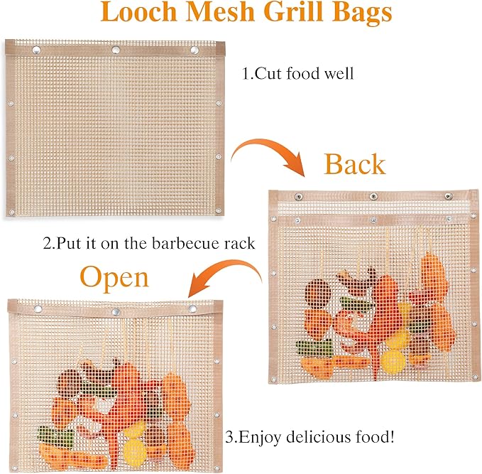 LOOCH Mesh Grill Bags 13.2 x 10.5 Inch Set of 2 100% Non-tick Heavy Duty Barbecue Grill Bags, Reusable and Easy to Clean, Works on Electric,Gas, Charcoal Outdoor BBQ