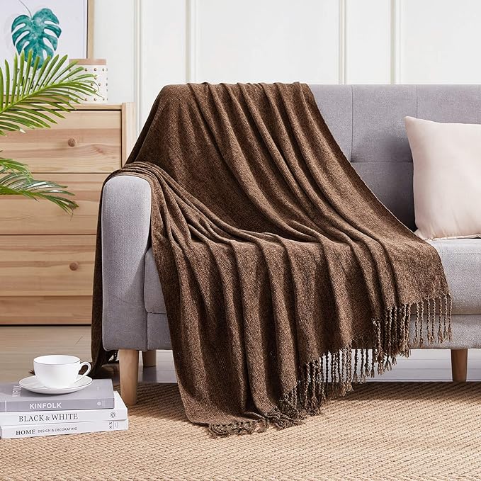 Chenille Throw Blanket with Decorative Fringe