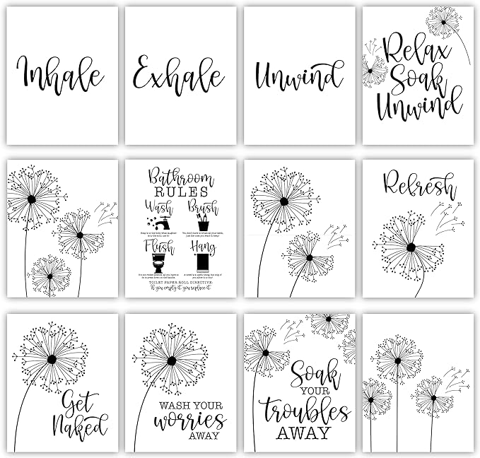 6 Reversible Dandelion Wall Art Bathroom Decor 8x10