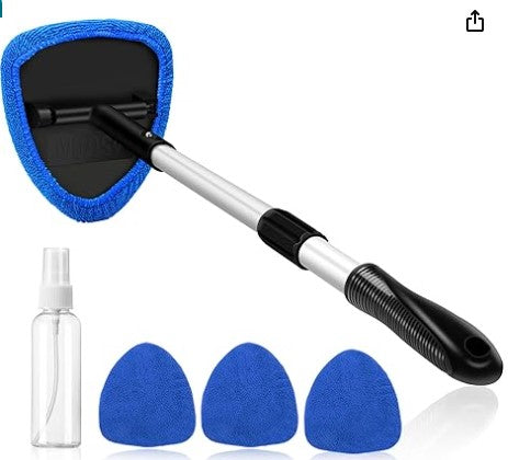 AstroAI Windshield Cleaner, Car Windshield Cleaning Tool Inside with 4 Reusable and Washable Microfiber Pads and Extendable Handle Auto Glass Wiper Kit, Blue