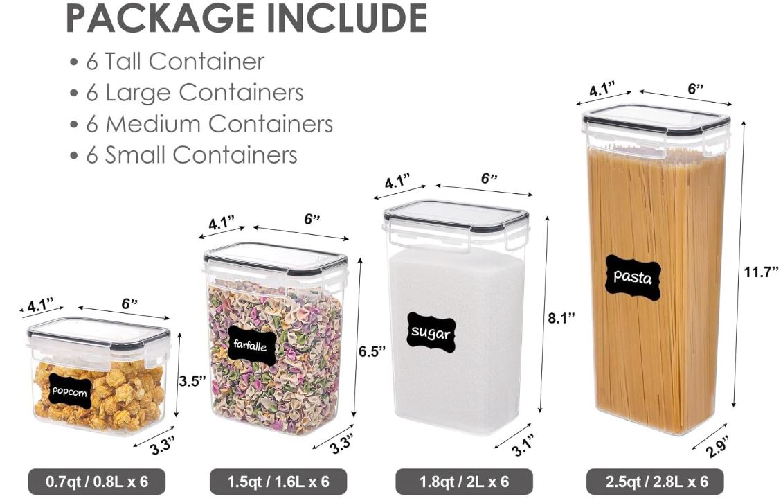 Airtight Food Storage Containers with Lids, Vtopmart 24 pcs Plastic Kitchen and Pantry Organization Canisters for Cereal, Dry Food, Flour and Sugar, BPA Free, Includes 24 Labels，Black