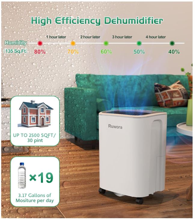 Dehumidifier 2500 Sq.Ft 30 Pint, Dehumidifiers with Drain Hose, 0.66 Gallon Water Tank, RUWORA Dehumidifiers for Home Basement Bedroom Bathroom, Overflow Protection, 24H Timer