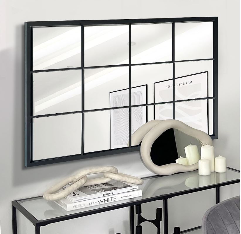 24"X36" Black Rectangle Mirror,Window Pane Grid Mirror,Minimalism Wall Mounted Mirror for Entryway,Hallway,Living Room,Fireplace