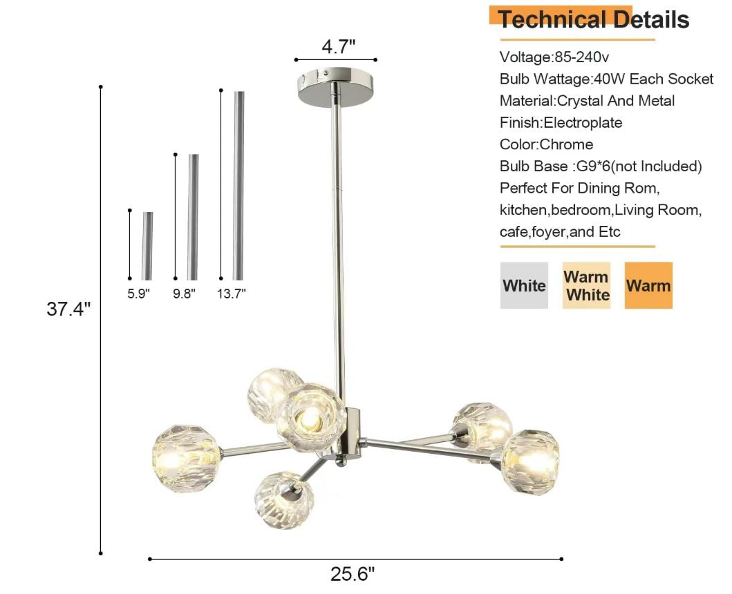 PAFEE Chandeliers Modern Crystal Pendant Light Chrome Color 6-Light Room Lights G9 Bulbs）