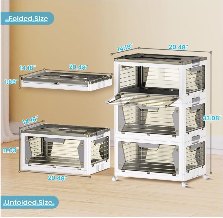 14 Gal Large Stackable Storage Bin with Lid, Plastic Clear Collapsible Storage Bins with Wheels, Foldable Closet Organizers and Storage Bins, Containers for Dorm Room Essentials