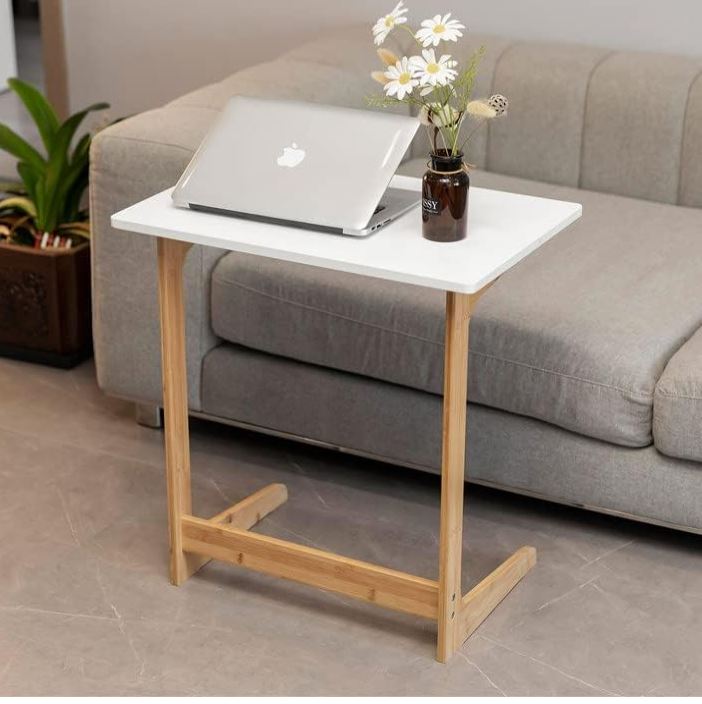 Forevich Bamboo Modern Tv Trays Table for Eating, Wood Couch Table End Snack Desk Sofa Side Table L Shaped White