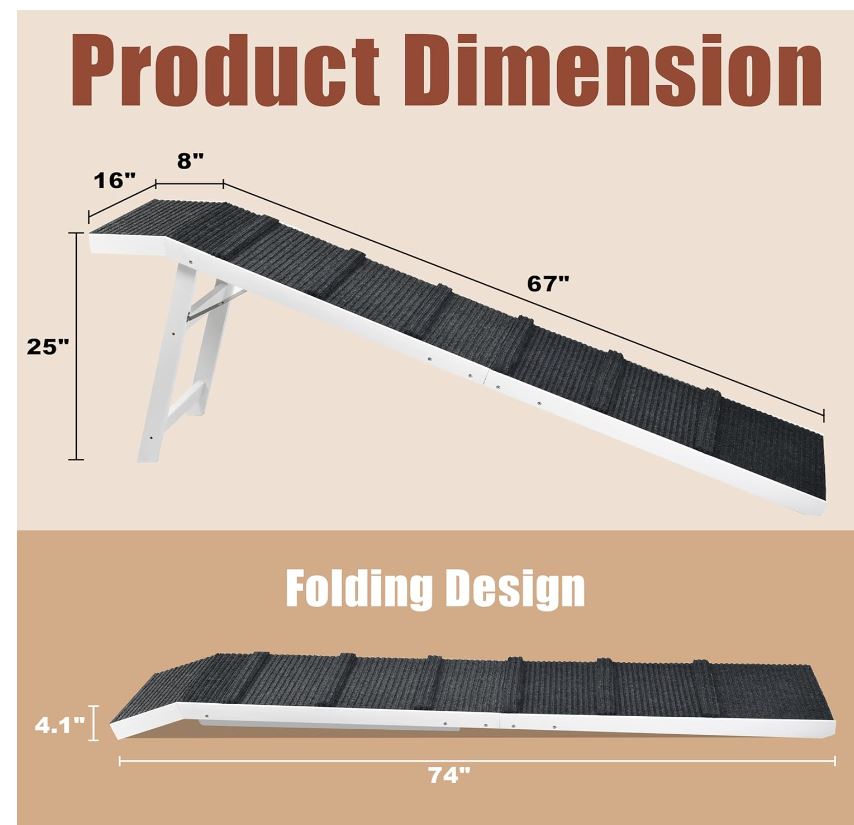 Folding Dog Ramp for Bed, 74" Durable Wood Pet Ramp Supports up to 150 lbs with High Traction Carpet & Top Platform, Great for Older Dogs and Cats, Grey