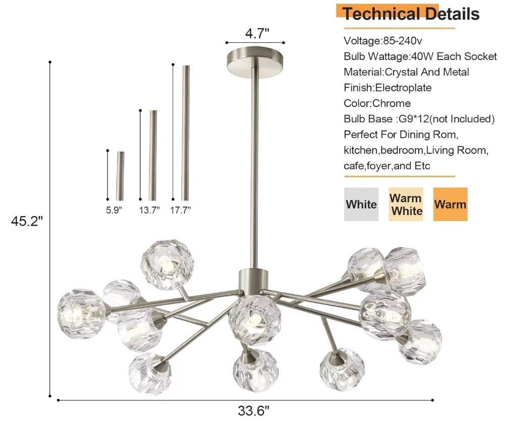 PAFEE 12 Crystal Light Chandelier,Modern - Sputnik Chandeliers